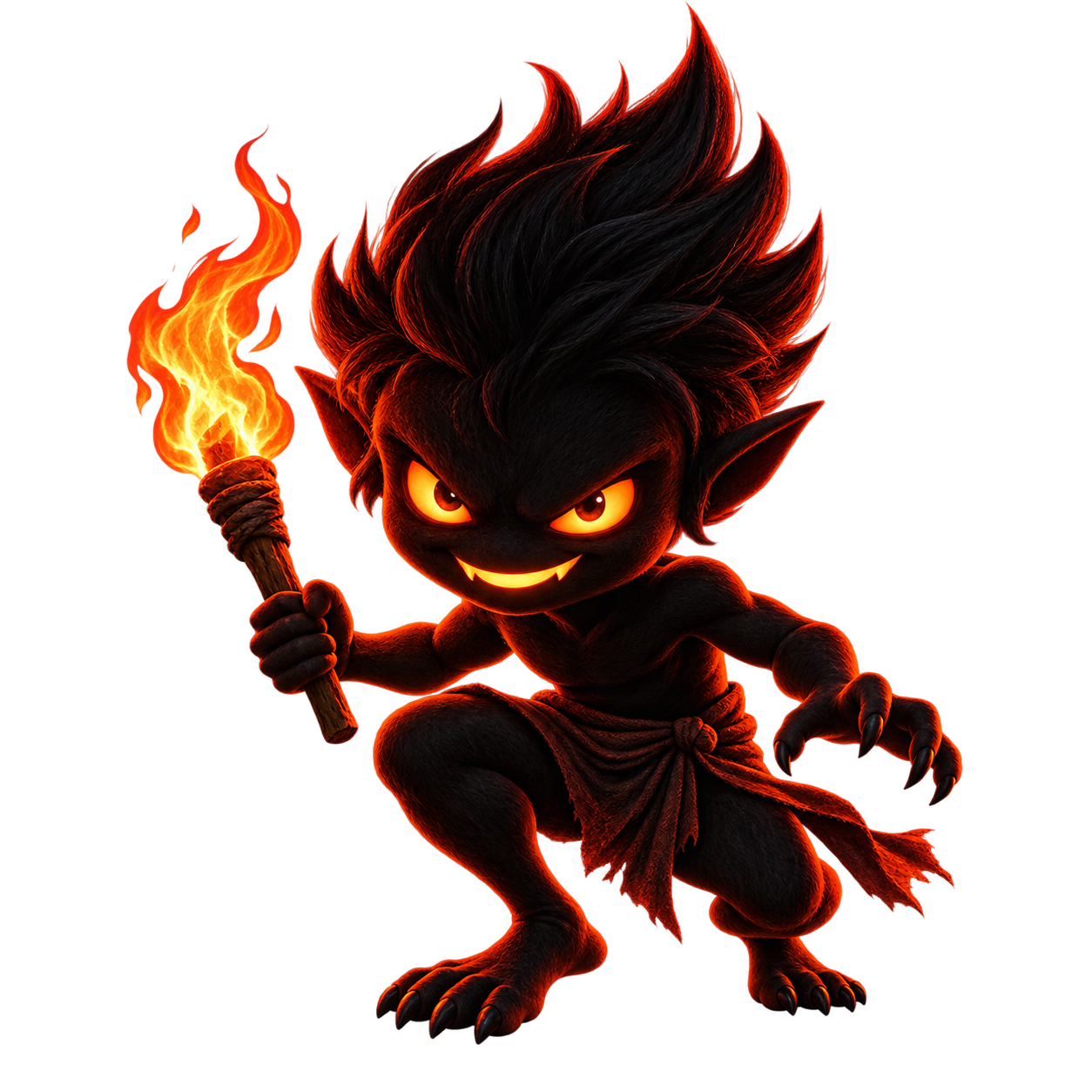 Trickster Chathan with glowing amber eyes and a fiery torch